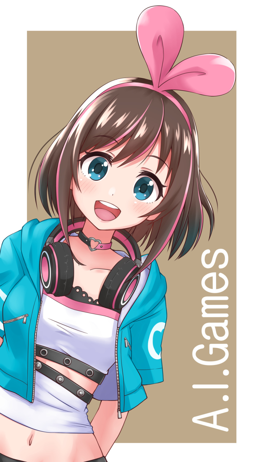 1girl :d alternate_costume arms_behind_back bangs blue_eyes blue_jacket brown_background brown_hair choker commentary copyright_name eyebrows_visible_through_hair goriate hairband headphones headphones_around_neck heart heart_choker highres hood hood_down hoodie jacket kizuna_ai kizuna_ai_(a.i._games) kizuna_ai_inc. leaning_to_the_side looking_at_viewer midriff multicolored_hair official_alternate_costume open_clothes open_jacket open_mouth outside_border pink_choker pink_hair pink_hairband shirt short_hair short_sleeves smile solo virtual_youtuber white_shirt