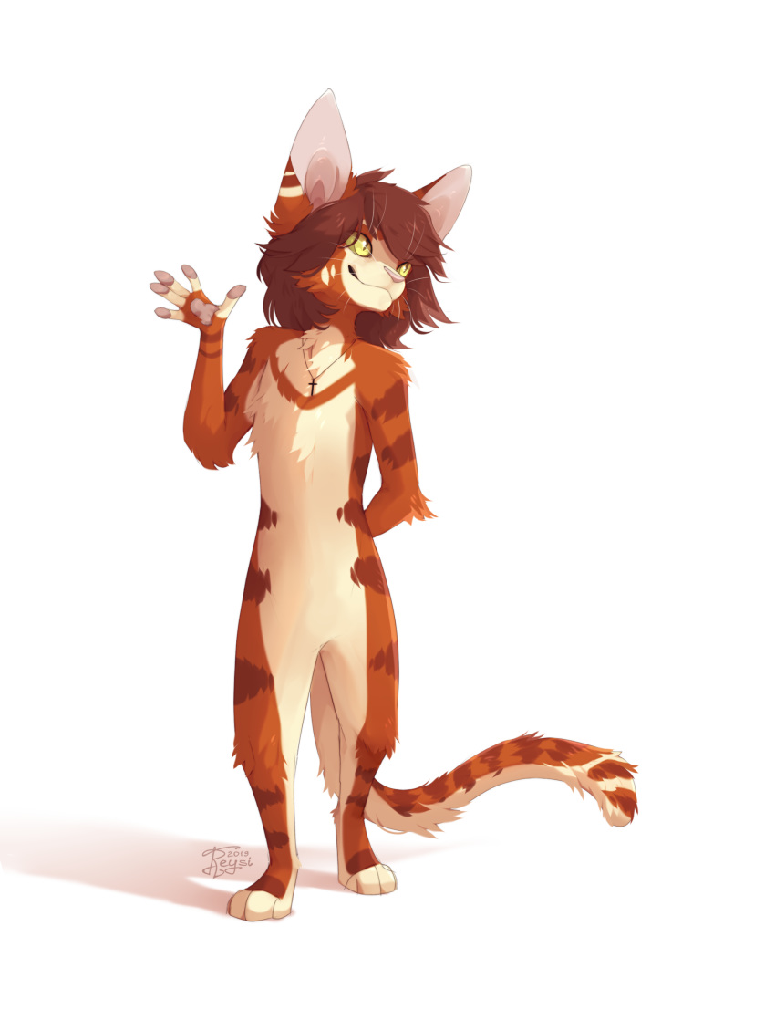 2019 4_toes 5_fingers absurd_res anthro brown_hair digital_media_(artwork) domestic_cat felid feline felis fingers green_eyes hair hi_res male mammal reysi solo toes