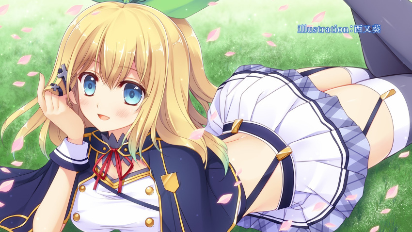 1girl :d alzano_school_uniform artist_name ass bangs blonde_hair blue_capelet blue_eyes blush breasts capelet choker crop_top end_card eyebrows_visible_through_hair garter_straps grass green_ribbon hair_ornament hair_tousle highres looking_at_viewer lying medium_breasts medium_hair midriff miniskirt neck_ribbon nishimata_aoi official_art on_grass on_ground on_stomach open_mouth petals pleated_skirt red_ribbon ribbon rokudenashi_majutsu_koushi_to_akashic_record rumia_tingel school_uniform skirt smile solo suspender_skirt suspenders thighhighs thighs white_skirt x_hair_ornament zettai_ryouiki