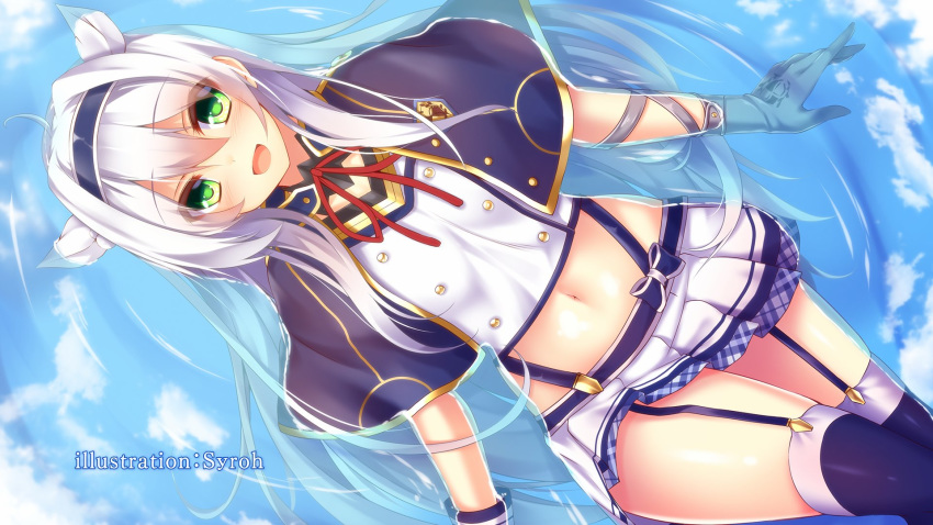 1girl :d ahoge alzano_school_uniform artist_name bangs blue_capelet blue_hairband blush breasts capelet choker crop_top double-breasted end_card eyebrows_visible_through_hair garter_straps gloves green_eyes hair_between_eyes hair_intakes hair_strand hairband highres long_hair looking_at_viewer lying midriff miniskirt navel official_art on_back open_mouth pleated_skirt reflective_water rokudenashi_majutsu_koushi_to_akashic_record school_uniform shiny shiny_skin silver_hair sistine_fiber skirt small_breasts smile solo stomach suspender_skirt suspenders syroh thighhighs thighs upskirt very_long_hair water wrist_cuffs zettai_ryouiki