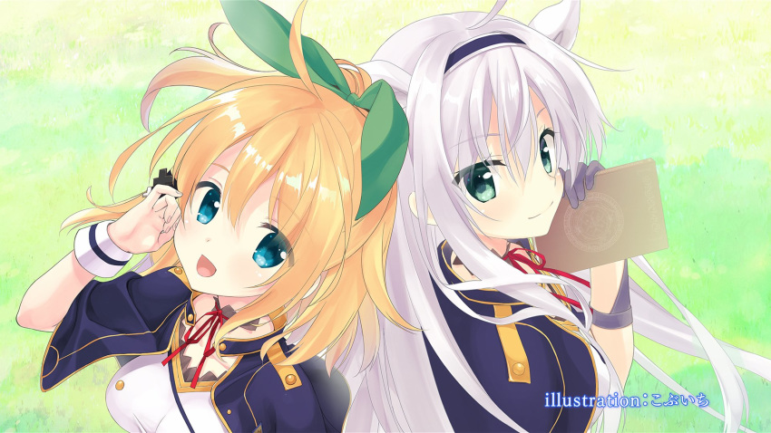 2girls :d ahoge alzano_school_uniform artist_name back-to-back bangs blonde_hair blue_capelet blue_eyes blue_hairband blush book breasts capelet choker closed_mouth end_card eyebrows_visible_through_hair floating_hair from_above gloves grass green_eyes green_ribbon grey_gloves hair_between_eyes hair_ribbon hairband hand_up highres holding holding_book kobuichi long_hair looking_at_viewer looking_up medium_breasts medium_hair multiple_girls neck_ribbon official_art open_mouth ponytail red_ribbon ribbon rokudenashi_majutsu_koushi_to_akashic_record rumia_tingel school_uniform silver_hair sistine_fiber smile upper_body very_long_hair white_ribbon wind wrist_cuffs