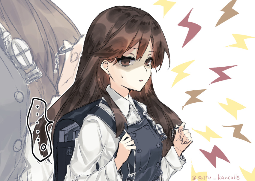 ... 1girl arashio_(kantai_collection) backpack bag bangs black_dress brown_eyes brown_hair crime_prevention_buzzer dress highres kantai_collection lightning_bolt long_hair long_sleeves open_mouth pinafore_dress randoseru remodel_(kantai_collection) saitu_miki shaded_face shirt solo sweat twitter_username upper_body white_shirt