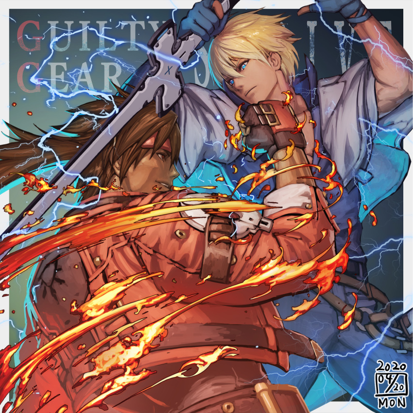 2boys arms_up bare_pecs battle belt black_gloves blonde_hair blue_eyes brown_gloves brown_hair clenched_hand closed_mouth collarbone copyright_name dated electricity english_text fingerless_gloves fire flame gloves guilty_gear guilty_gear_strive hair_between_eyes headband highres holding holding_sword holding_weapon ikeda_(cpt) ky_kiske long_hair looking_at_another male_focus multiple_boys parted_lips partially_fingerless_gloves pectorals punching red_eyes red_headband sleeves_rolled_up smile sol_badguy sword weapon