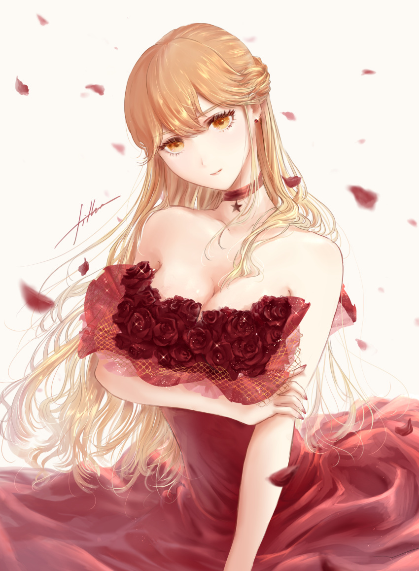 1girl absurdres alternate_costume arm_under_breasts bare_shoulders blonde_hair choker commentary_request dress filha flower girls_frontline half_updo highres long_hair looking_at_viewer nail_polish ots-14_(girls_frontline) petals red_choker red_flower red_nails red_rose rose signature sleeveless sleeveless_dress smile star_(symbol) star_choker upper_body yellow_eyes
