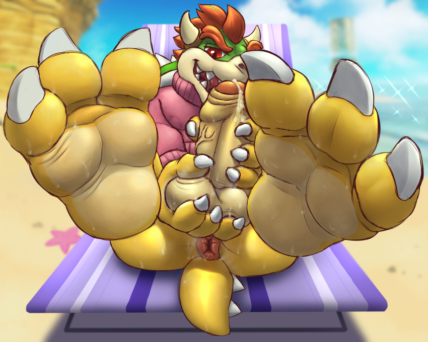 3_toes anus ball_grab balls beach beach_chair bodily_fluids bowser butt clothing feet foot_focus foreskin genital_fluids genitals hi_res humanoid_genitalia humanoid_penis koopa looking_at_viewer male mario_bros nintendo partially_retracted_foreskin penis penis_grab pink_clothing pink_sweater pink_topwear precum rad-lizer scalie seaside solo sweat sweater sweaty_balls sweaty_butt sweaty_feet sweaty_genitalia toes topwear video_games