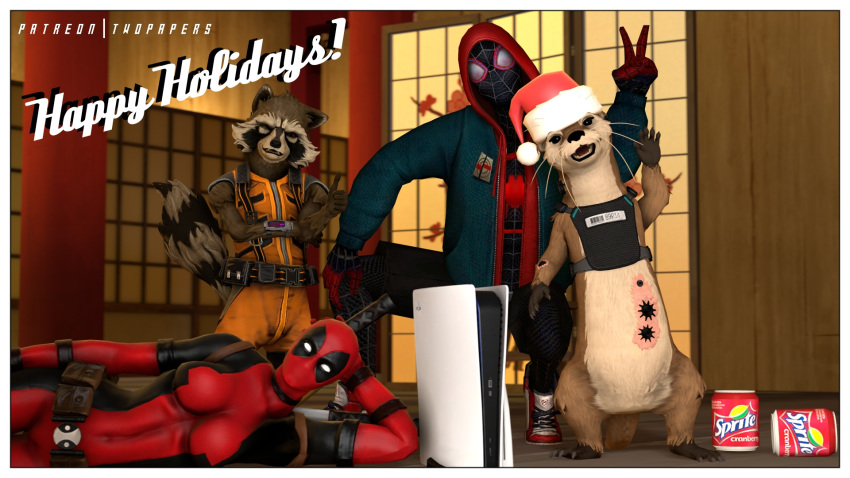 anthro bottomless breasts brown_body brown_fur christmas christmas_clothing christmas_headwear clothed clothing deadpool female fur gesture group guardians_of_the_galaxy hand_on_head hat headgear headwear hi_res holidays human looking_at_viewer lutrine lying lylla male mammal marvel melee_weapon miles_morales mustelid on_side one_eye_closed playstation_5 procyonid raccoon rocket_raccoon santa_hat scar spider-man_(series) sprite_cranberry sword thumbs_up twopapers weapon wink