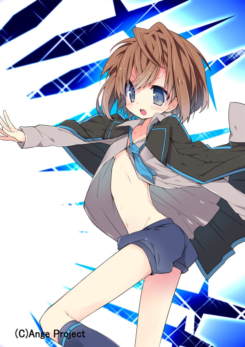 1girl androgynous ange_vierge bangs black_cape black_legwear blue_eyes blue_neckwear blue_shorts blush breasts brown_hair cape collarbone commentary feet_out_of_frame groin highres kiyokawa_saki knees_up looking_ahead loose_necktie messy_hair nakamura_sandayo navel necktie open_clothes open_mouth open_shirt puffy_shorts reaching_out short_hair short_shorts shorts small_breasts socks solo unbuttoned unbuttoned_shirt underboob wind