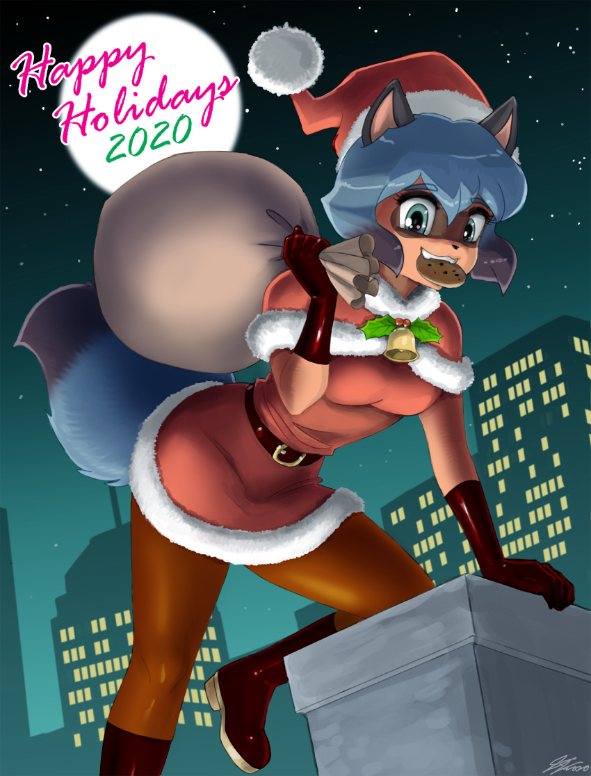 2020 absurd_res anthro bell brand_new_animal breasts building canid canine christmas christmas_clothing christmas_headwear city clothing cookie english_text female food food_in_mouth full_moon hat headgear headwear hi_res holidays holly_(plant) john_joseco mammal michiru_kagemori moon night plant raccoon_dog santa_hat sky solo star starry_sky studio_trigger tanuki text