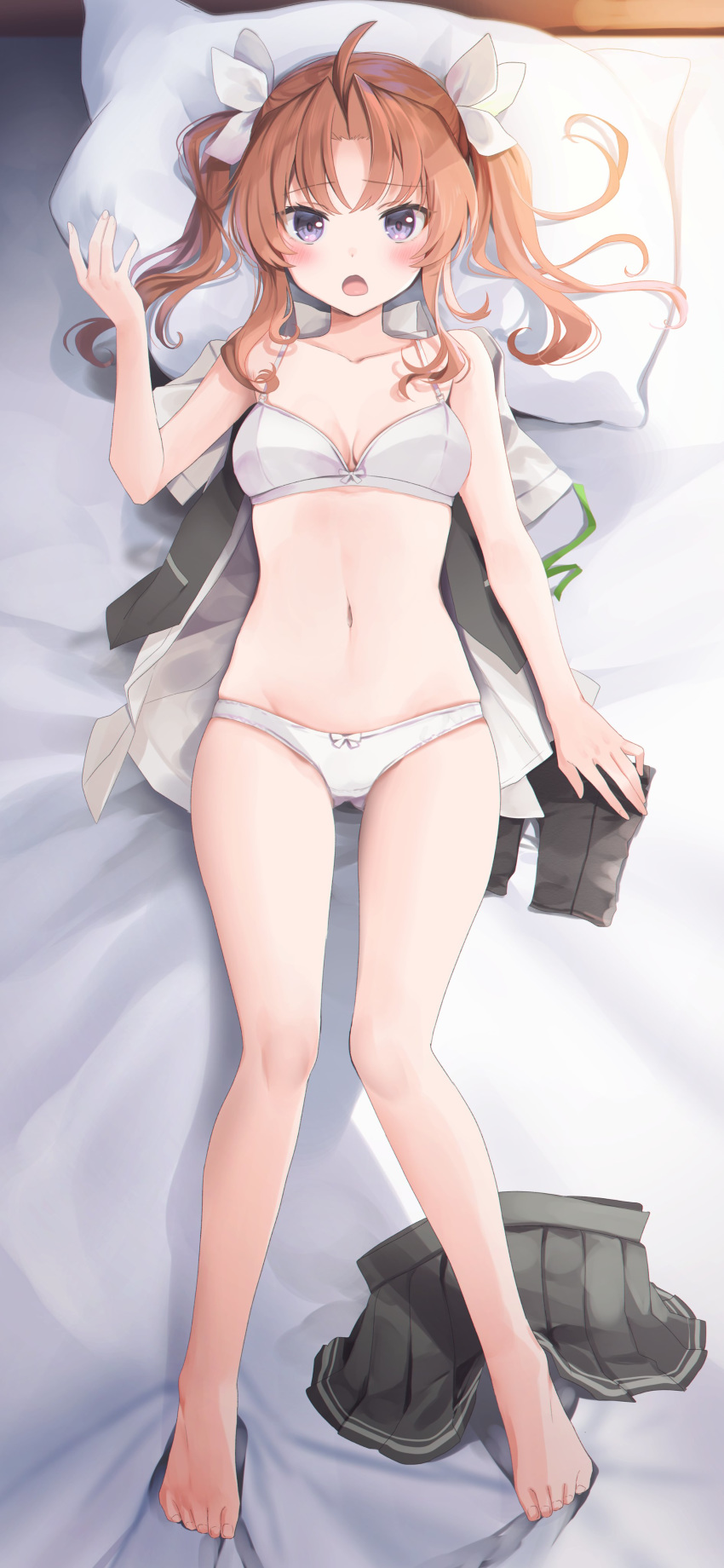 1girl absurdres ahoge bed bed_sheet bike_shorts black_shorts black_skirt black_vest blush bra breasts brown_hair cleavage clothes clothes_on_bed clothes_removed collarbone eyebrows_visible_through_hair full_body hair_ribbon highres kagerou_(kantai_collection) kantai_collection long_hair lying on_back on_bed open_mouth panties pillow pleated_skirt purple_eyes ribbon school_uniform shirt shirt_removed shorts skirt skirt_removed small_breasts solo twintails underwear vest white_bra white_panties white_ribbon white_shirt yunamaro