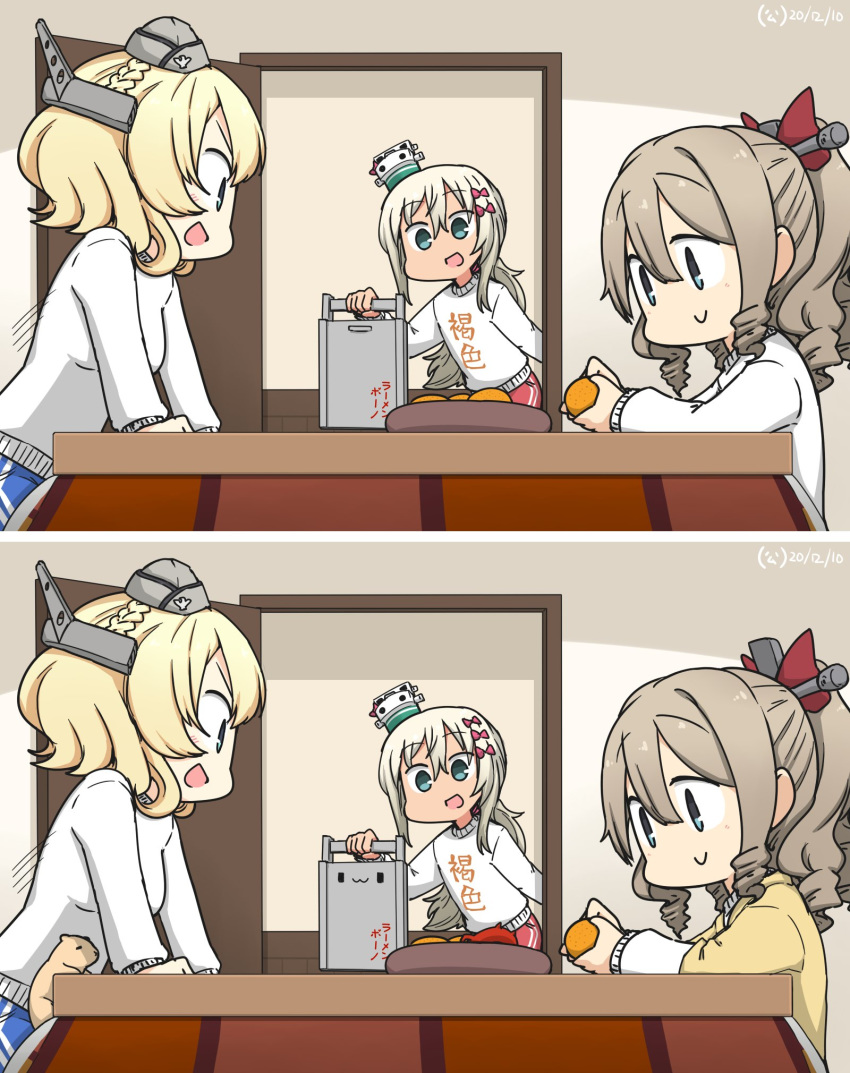 3girls alternate_costume alternate_hairstyle blonde_hair blue_eyes box brown_hair clothes_writing colorado_(kantai_collection) commentary_request dated door drill_hair food fruit garrison_cap grecale_(kantai_collection) green_eyes grey_headwear hair_between_eyes hair_ribbon hamu_koutarou hat hatakaze_(kantai_collection) headgear highres kantai_collection kotatsu long_hair low_ponytail mandarin_orange multiple_girls pants ponytail red_pants red_ribbon ribbon short_hair side_braids spot_the_differences sweater table tan track_pants upper_body wavy_hair white_headwear white_sweater