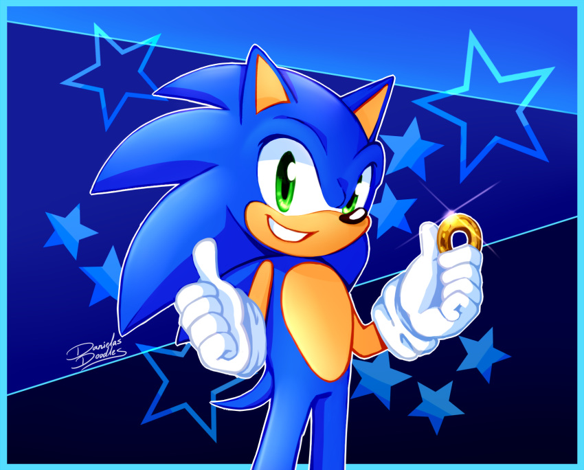 2020 5_fingers anthro clothing danielasdoodles eulipotyphlan fingers gesture gloves green_eyes handwear hedgehog hi_res male mammal signature smile solo sonic_the_hedgehog sonic_the_hedgehog_(series) teeth thumbs_up video_games