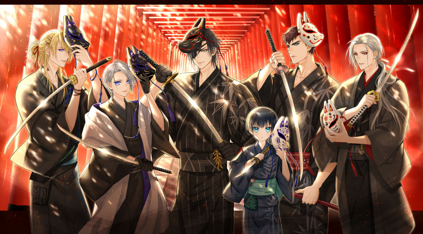 6+boys absurdres azuki_nagamitsu_(touken_ranbu) black_gloves black_hair blonde_hair blue_eyes brown_hair daihannya_nagamitsu_(touken_ranbu) eyepatch fox_mask gloves highres japanese_clothes katana kenshin_kagemitsu kimono kouryuu_kagemitsu male_focus mask mask_on_head mask_removed multiple_boys ponytail purple_eyes red_eyes shokudaikiri_mitsutada short_sword silver_hair smile sword tantou torii touken_ranbu weapon yamanbagiri_chougi yellow_eyes yukata yuuno_(yukioka)