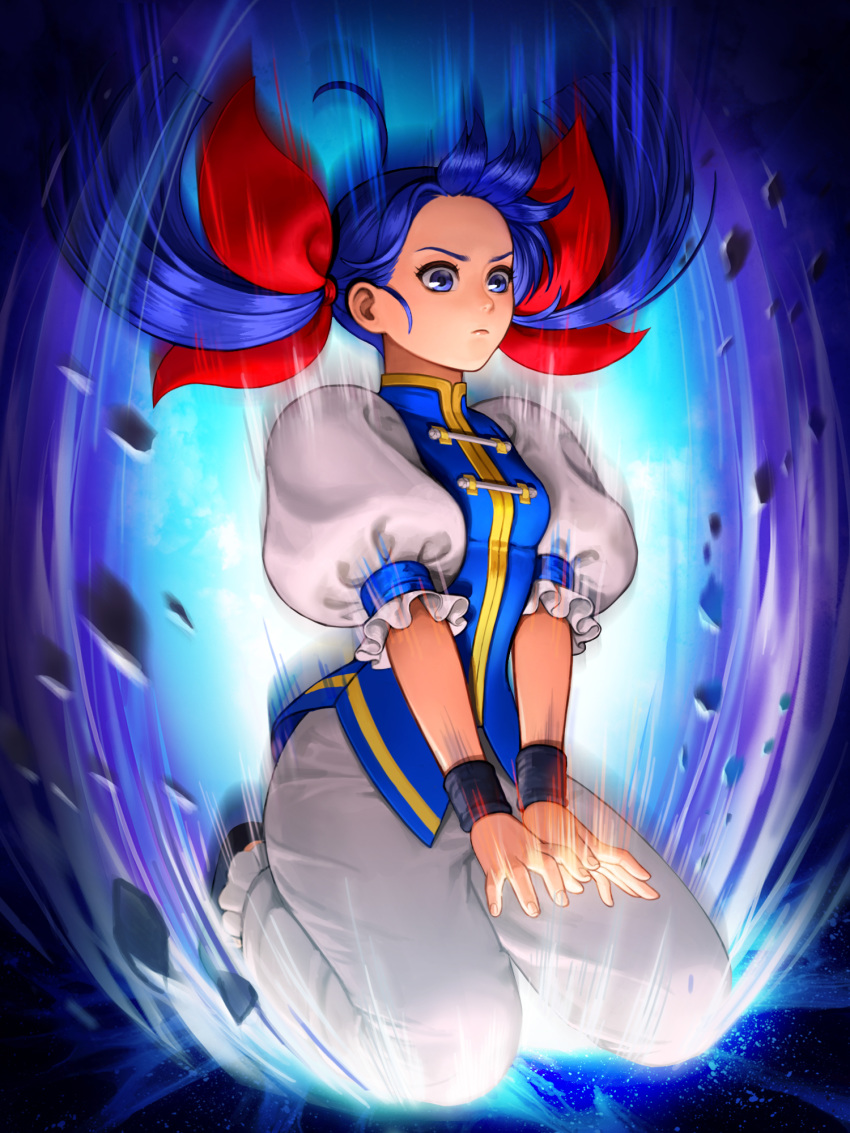 1girl ahoge blue_eyes blue_footwear blue_hair breasts chinese_clothes closed_mouth fatal_fury flats futaba_hotaru hair_ribbon highres long_hair mark_of_the_wolves medium_breasts official_art pants puffy_short_sleeves puffy_sleeves red_ribbon ribbon shoes short_sleeves simple_background solo the_king_of_fighters the_king_of_fighters_all-stars the_king_of_fighters_xi twintails wristband