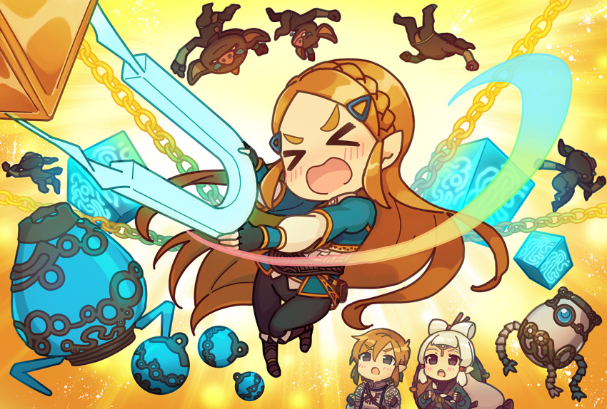 &gt;_&lt; 1boy 2girls aisawa_natsu armor awestruck blonde_hair bokoblin bomb chain chibi fangs forehead_tattoo hair_ornament hair_stick horns hyrule_warriors:_age_of_calamity impa link long_hair magnet multiple_girls open_mouth pointy_ears princess_zelda robot silver_hair single_horn terrako the_legend_of_zelda the_legend_of_zelda:_breath_of_the_wild very_long_hair