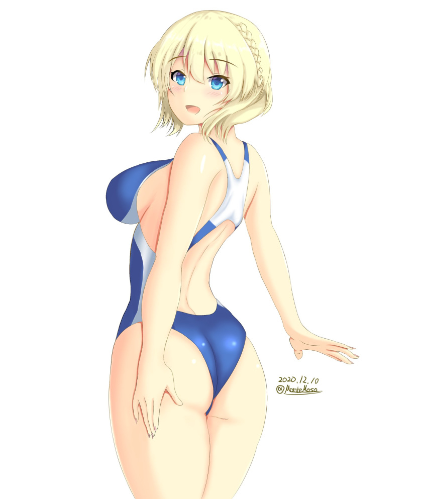 1girl ass bikini blonde_hair blue_eyes blue_swimsuit breasts colorado_(kantai_collection) competition_swimsuit cowboy_shot dated from_behind highres kantai_collection large_breasts looking_at_viewer montemasa one-piece_swimsuit short_hair side-tie_bikini side_braids simple_background solo standing swimsuit twitter_username white_background