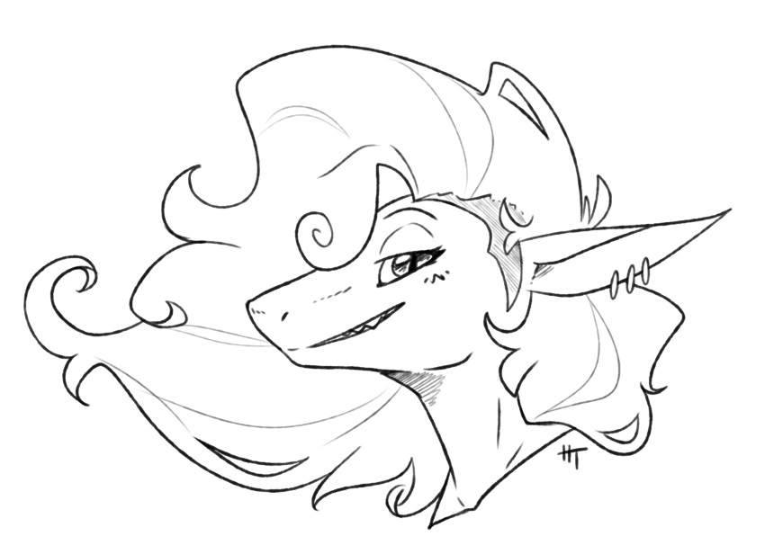 anthro aorpheat black_and_white ear_piercing fish grin hair hi_res honeytongue male marine monochrome piercing profile shark side_profile side_shave sketch smile solo teeth_showing wavy_hair