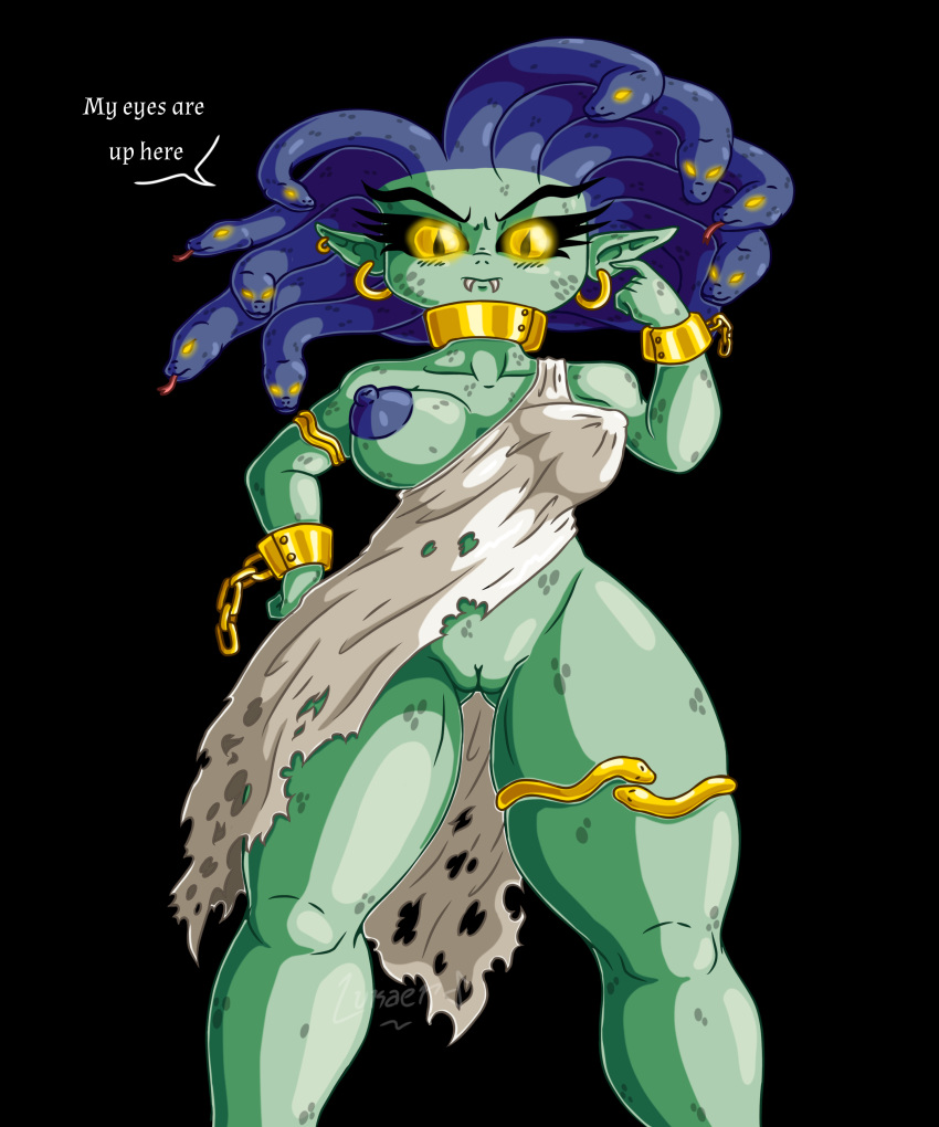 absurd_res areola black_background blue_areola blue_nipples breasts chain clothed clothing dialogue ear_piercing ear_ring english_text european_mythology eyelashes fangs female genitals greek_mythology green_body hi_res humanoid humanoid_pointy_ears living_hair looking_at_viewer lukaerd medusa medusa_(terraria) mythology nipples one_breast_out piercing pseudo_hair pupils pussy reptile scalie shackles simple_background slit_pupils snake snake_hair solo terraria text torn_clothing yellow_eyes