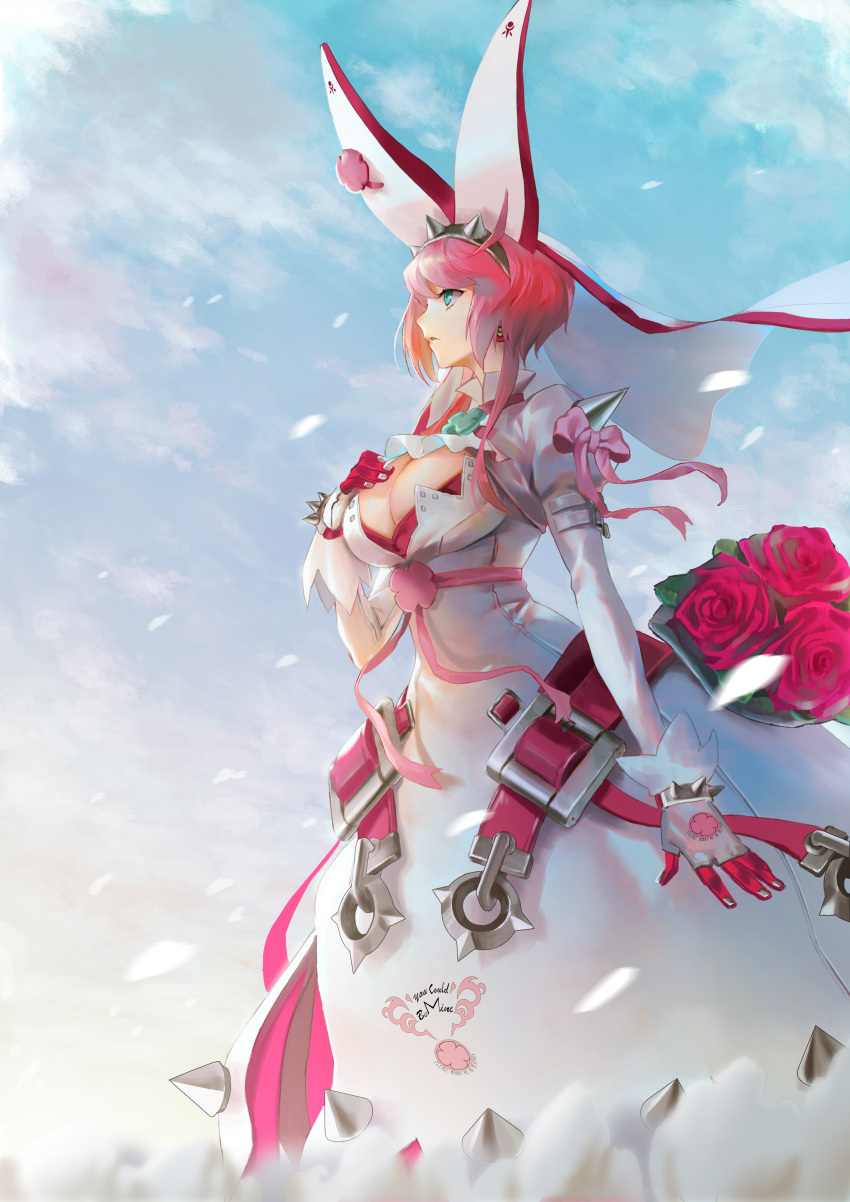 1girl absurdres ahoge animal_ears bangs belt breasts bridal_veil bunny_ears cleavage closed_mouth cloud cloudy_sky clover dress earrings elphelt_valentine fake_animal_ears field flower flower_field four-leaf_clover full_body gloves guilty_gear guilty_gear_xrd hand_on_own_chest highres jewelry large_breasts leaf looking_afar medium_hair open_mouth petals pink_hair pink_ribbon ribbon rose sanwood_mori sky solo spikes veil wedding_dress white_gloves wind