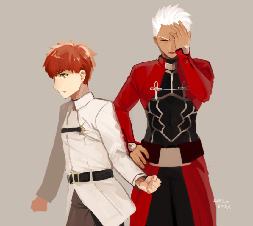 2boys archer belt belt_buckle buckle chaldea_uniform dark_skin dated emiya_shirou facepalm fate/grand_order fate/stay_night fate_(series) from_side grey_background hand_on_hip hand_on_own_face kani_seijin male_focus multiple_boys red_hair signature simple_background upper_body what_if white_hair yellow_eyes