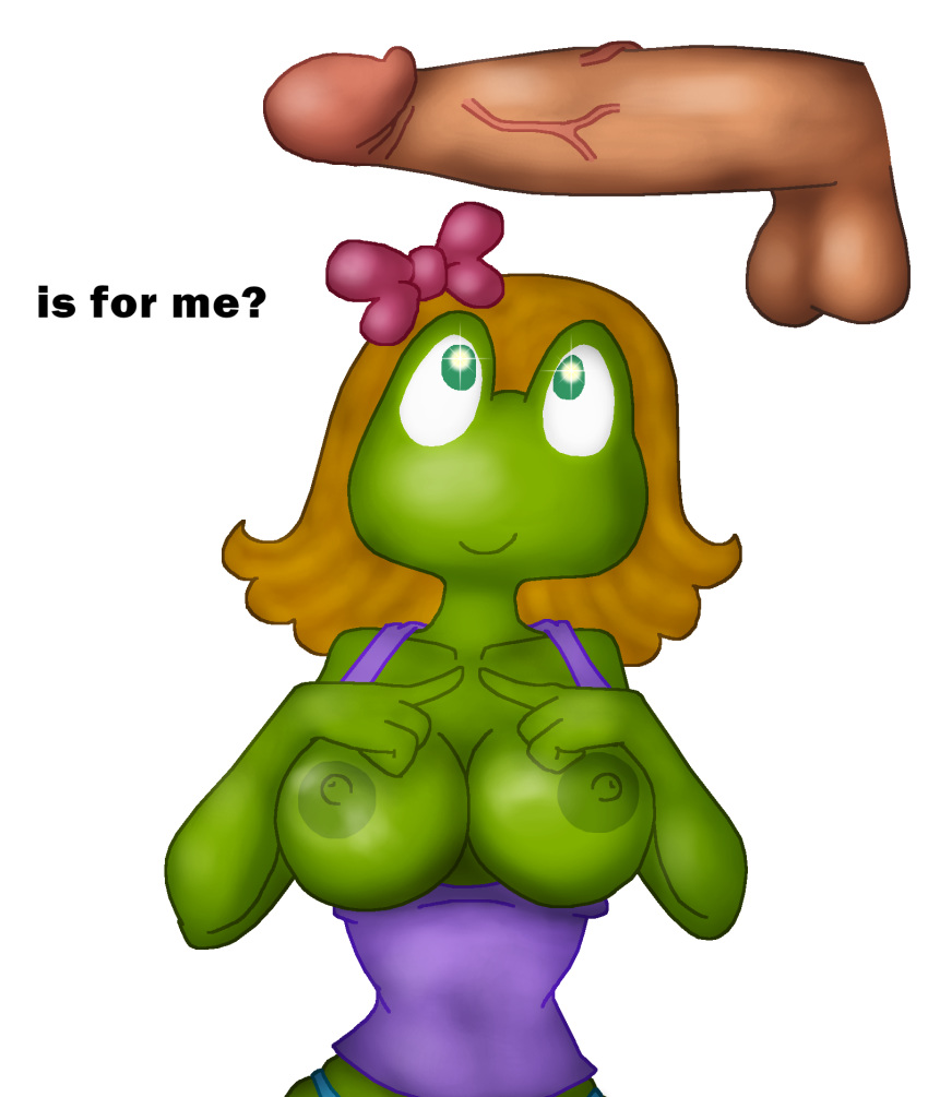 accessory alpha_channel amphibian anthro blonde_hair breasts disembodied_penis duo exposed_breasts female frog genitals gianna_frog green_body green_nipples green_skin hair hair_accessory hair_bow hair_ribbon hi_res humanoid_genitalia humanoid_penis juice87 male male/female nipples penis ribbons