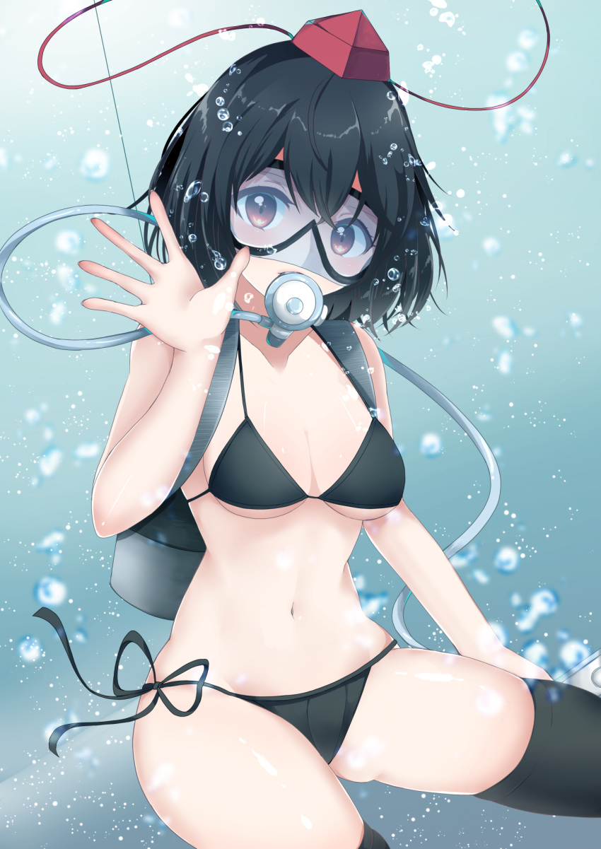 1girl air_bubble bikini black_bikini black_hair black_legwear bubble commentary_request cowboy_shot diving_mask diving_regulator hat highres looking_at_viewer ougi_hina pom_pom_(clothes) red_eyes scuba scuba_tank shameimaru_aya side-tie_bikini solo swimsuit thighhighs tokin_hat touhou underwater