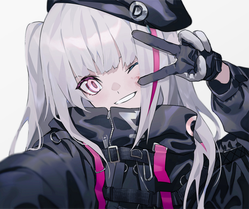 1girl bangs beret black_headwear black_jacket blush girls_frontline gloves grey_background grin haizome_senri hat highres jacket long_hair long_sleeves mdr_(girls_frontline) multicolored_hair one_eye_closed pink_eyes pink_hair silver_hair simple_background smile solo streaked_hair upper_body v v_over_eye