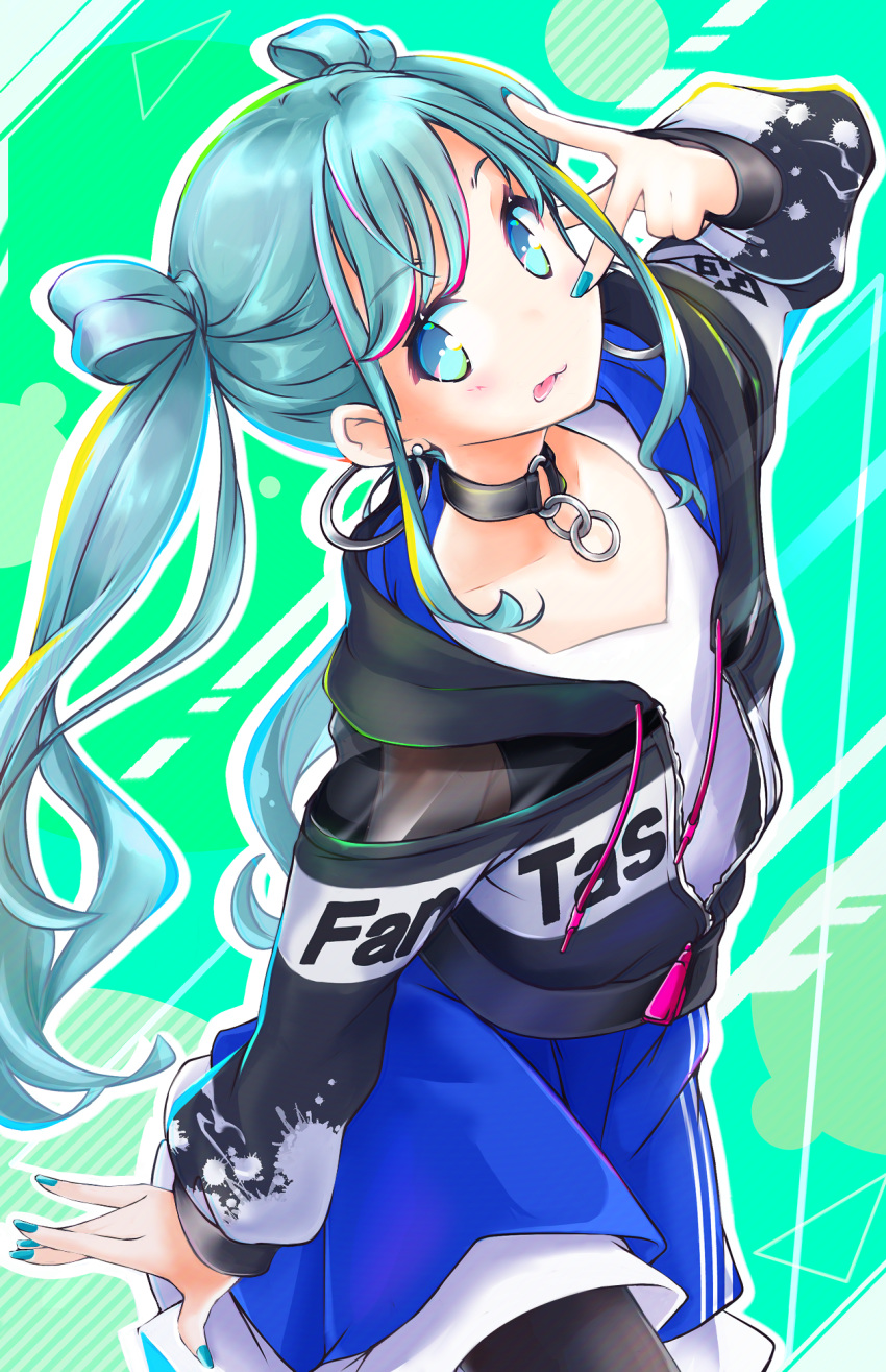 1girl :p akino_coto aqua_eyes aqua_hair collar earrings hatsune_miku highres jacket jewelry long_hair project_sekai see-through solo tongue tongue_out twintails v vocaloid zipper