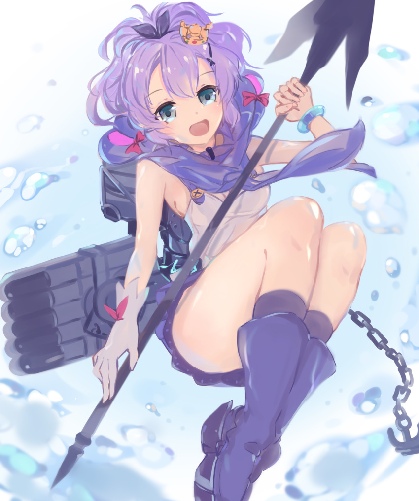 1girl anchor azur_lane boots breasts chain crown full_body gloves green_eyes highres holding_javelin javelin_(azur_lane) mini_crown open_mouth purple_footwear purple_hair shika_(shika0) shirt single_glove sleeveless sleeveless_shirt small_breasts solo torpedo_launcher torpedo_tubes white_gloves white_shirt