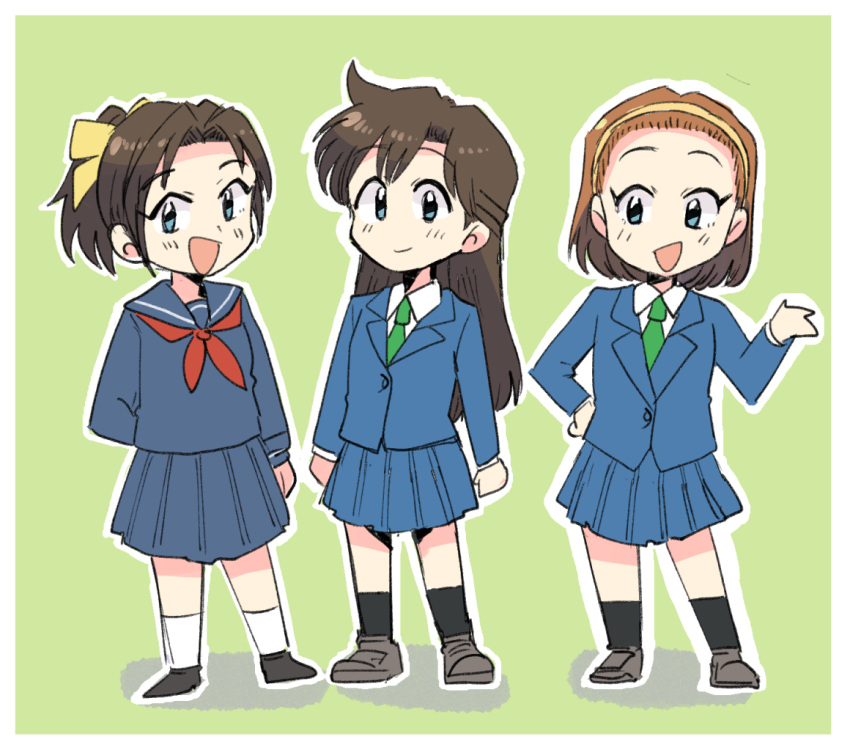 3girls bangs blue_eyes blue_jacket blue_sailor_collar blue_serafuku blue_skirt blush bow brown_hair collared_shirt eyebrows_visible_through_hair full_body green_neckwear hair_bow hairband hand_on_hip jacket long_hair long_sleeves meitantei_conan mouri_ran multiple_girls neckerchief necktie open_mouth pleated_skirt ponytail red_neckwear sailor_collar school_uniform serafuku shirt shoes short_hair simple_background skirt smile socks suzuki_sonoko tooyama_kazuha tsubobot white_shirt yellow_bow