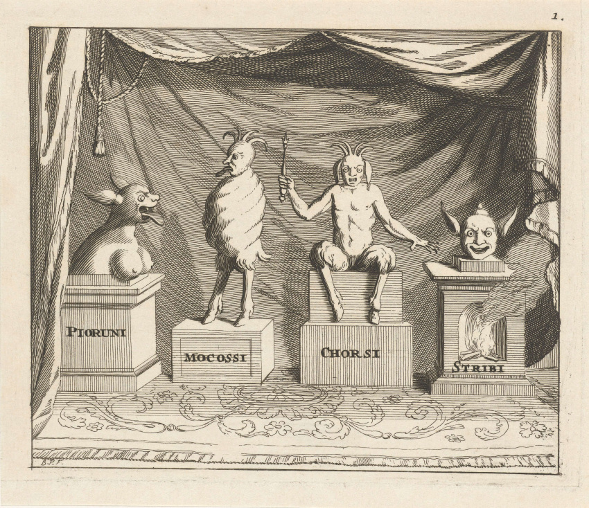 1698 17th_century absurd_res ambiguous_gender ancient_furry_art anthro bernard_picart big_breasts breasts carpet demon disembodied_head female fire group hi_res horn humanoid male monochrome nipples sculpture sitting smoke standing statue text tongue tongue_out traditional_media_(artwork) wand