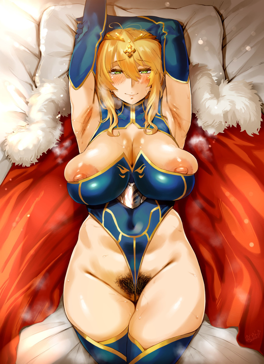 1girl absurdres areolae armpits arms_up artoria_pendragon_(all) artoria_pendragon_(lancer) blonde_hair breasts cape cleavage crown detached_sleeves excessive_pubic_hair fate/grand_order fate_(series) hero_neisan highres huge_nipples large_areolae large_breasts leotard long_hair lying nipples on_back on_bed pillow pubic_hair red_cape thick_thighs thighhighs thighs