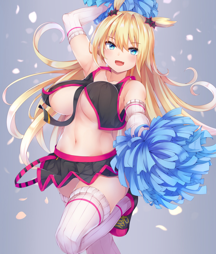 +_+ 1girl :d arm_up armpits ash_arms bare_shoulders between_breasts black_footwear black_shirt black_skirt blonde_hair blue_eyes breasts cheerleader cleavage crop_top crop_top_overhang elbow_gloves fang floating_hair gloves grey_background highres holding holding_pom_poms irohasu large_breasts leg_up long_hair looking_at_viewer m26_pershing_(ash_arms) midriff miniskirt navel necktie no_bra open_mouth pleated_skirt pom_poms ribbed_gloves ribbed_legwear shirt shoes skirt sleeveless sleeveless_shirt smile sneakers solo sparkling_eyes stomach thighhighs thighs two_side_up very_long_hair white_gloves white_legwear