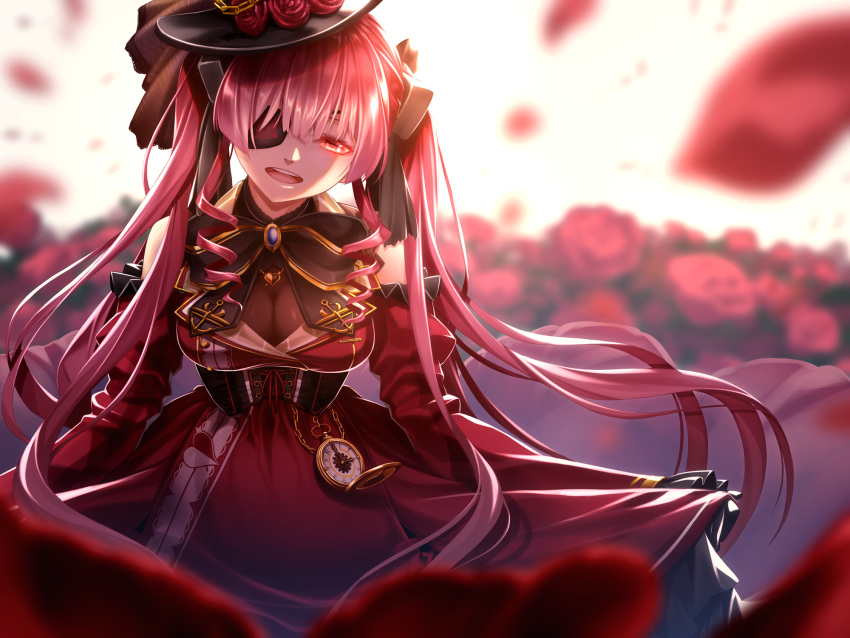 dress eyepatch fenrir_(fenlil0316) flowers hololive houshou_marine long_hair red_hair rose twintails