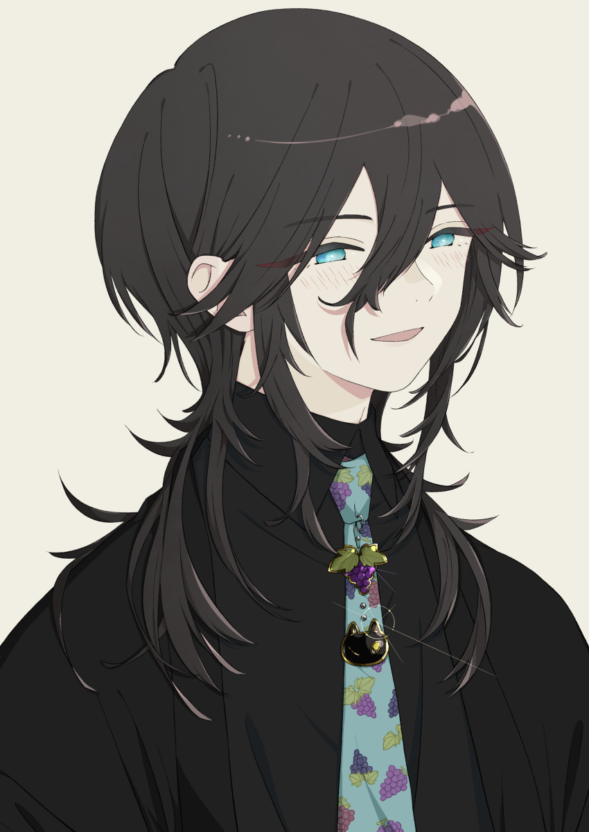 1boy absurdres black_shirt blue_eyes blue_menouu collared_shirt eyebrows_visible_through_hair glint grape_print hair_between_eyes highres long_hair necktie open_mouth original print_neckwear shadow shirt simple_background smile solo tan_background tie_clip upper_body