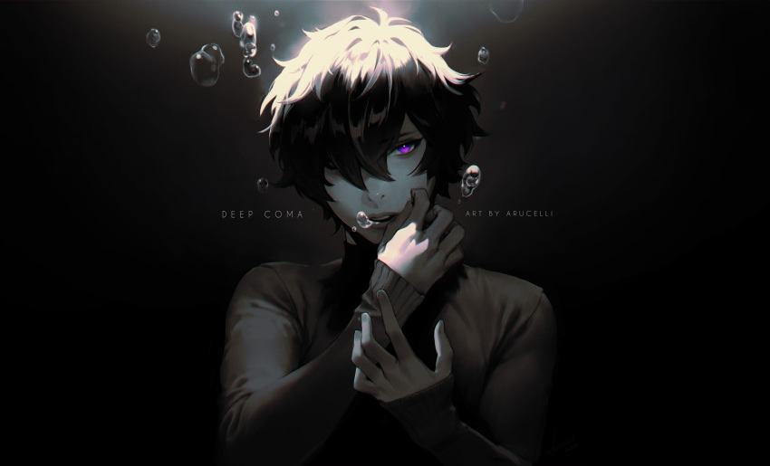 1boy absurdres artist_name arucelli black_hair black_sweater english_commentary glowing glowing_eye hair_over_one_eye hand_on_own_cheek hand_on_own_face highres indie_virtual_youtuber looking_at_viewer official_art one_eye_covered open_hand open_mouth purple_eyes shoto_(vtuber) solo song_name sweater turtleneck virtual_youtuber
