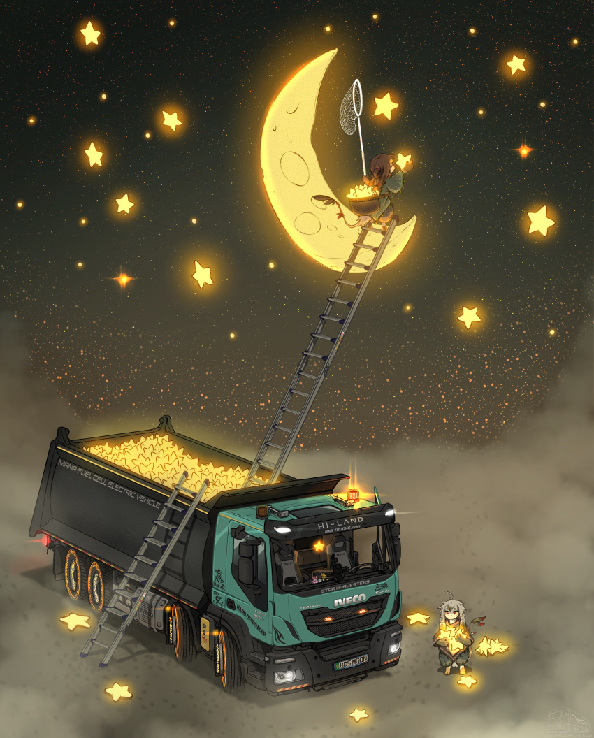 absurd_res accessory ambiguous_gender anthro basket butterfly_net clothed clothing cloud english_text furgonomics hi_res iveco iveco_trakker ladder magic moon night nomad orang111 poncho solo star tail_accessory text truck_(vehicle) unknown_species vehicle worker