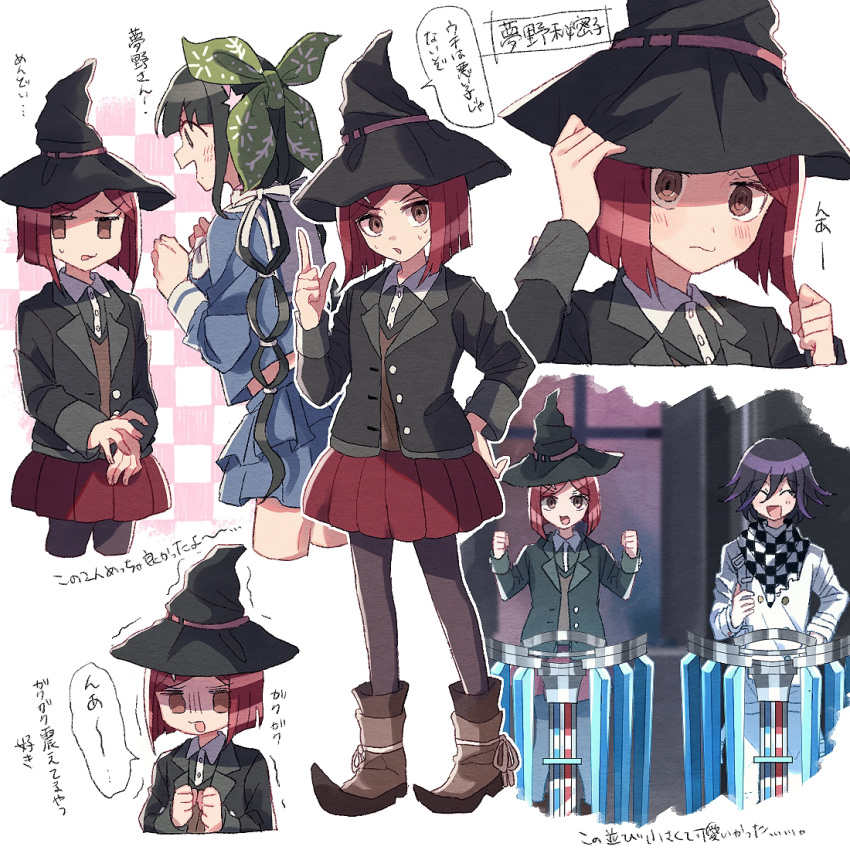 1boy 2girls :d ^_^ black_headwear black_jacket black_legwear blue_shirt blue_skirt blush boots brown_hair chabashira_tenko checkered checkered_scarf closed_eyes collared_shirt commentary_request danganronpa full_body hair_ornament hairclip hand_on_hip hands_up hat index_finger_raised jacket long_hair multiple_girls nanao_(nanao1023) new_danganronpa_v3 open_mouth ouma_kokichi pantyhose pleated_skirt purple_hair red_hair red_skirt scarf school_uniform shirt short_hair skirt smile solo_focus speech_bubble standing straitjacket sweatdrop translation_request trembling witch_hat yumeno_himiko