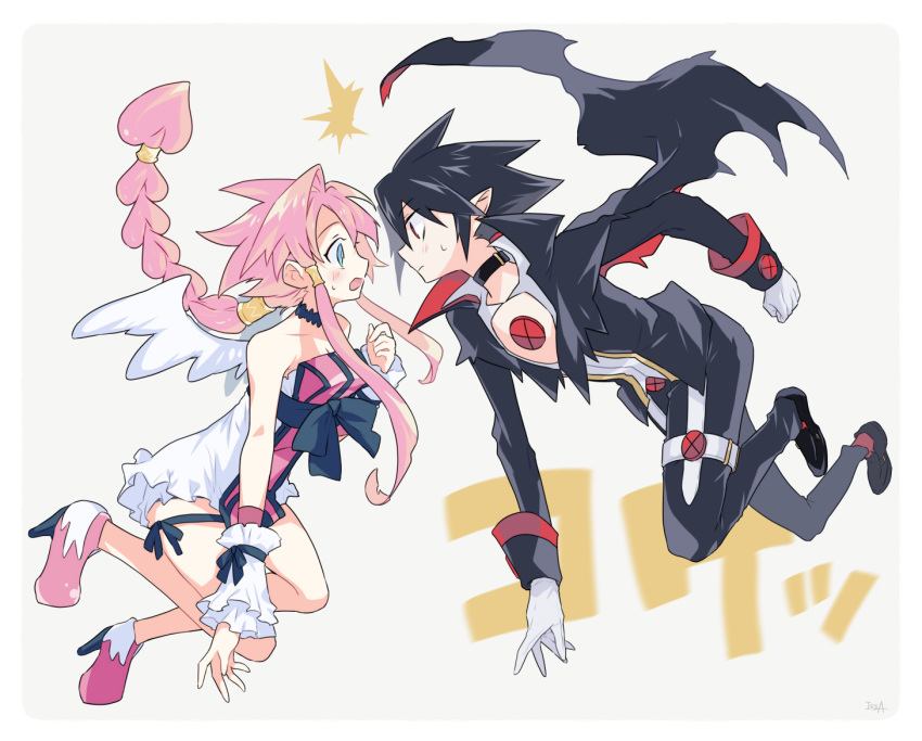 1boy 1girl black_hair blue_eyes braid cape disgaea gloves hair_tubes issa_(sorako45) long_hair makai_senki_disgaea_4 pink_hair pointy_ears red_eyes sidelocks valvatorez_(disgaea) vulcanus_(disgaea_4) wings