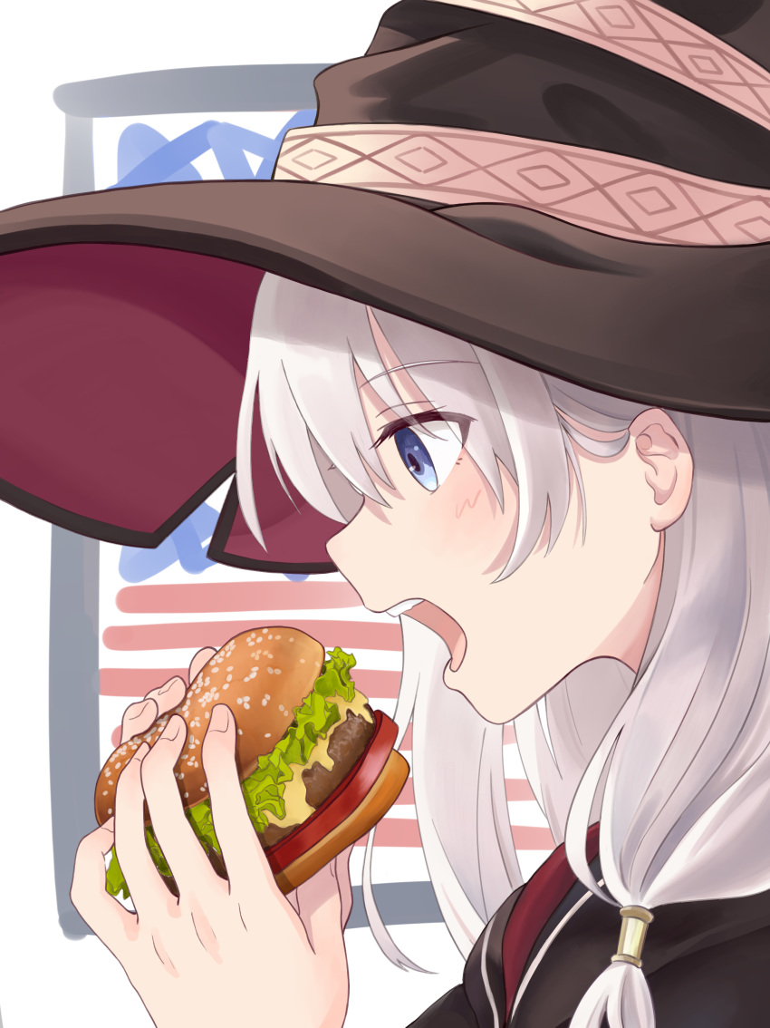 1girl absurdres american_flag bangs black_headwear black_robe blue_eyes close-up eating elaina_(majo_no_tabitabi) eyebrows_visible_through_hair food hair_between_eyes hamburger hat hat_ribbon highres holding holding_food light_blush long_hair long_sleeves majo_no_tabitabi open_mouth ribbon silver_hair solo tihirowo witch witch_hat