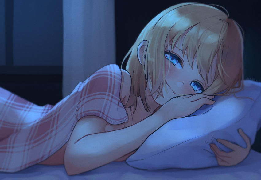 1girl artist_apprentice bangs bare_shoulders blonde_hair blue_eyes blush collarbone covering covering_breasts english_commentary eyebrows_behind_hair hair_behind_ear highres holding holding_pillow hololive hololive_english looking_at_viewer medium_hair pillow smile solo under_covers virtual_youtuber watson_amelia