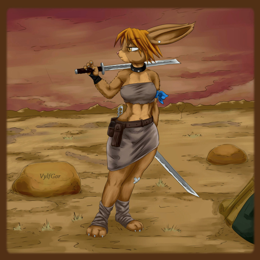 1:1 2020 anthro bottomwear breasts clothed clothing digital_media_(artwork) female hair hi_res holding_object holding_weapon katana knife lagomorph leporid mammal melee_weapon navel open_clothing post-apocalyptic rabbit shirt skirt solo suit sword topwear vylfgor wasteland weapon