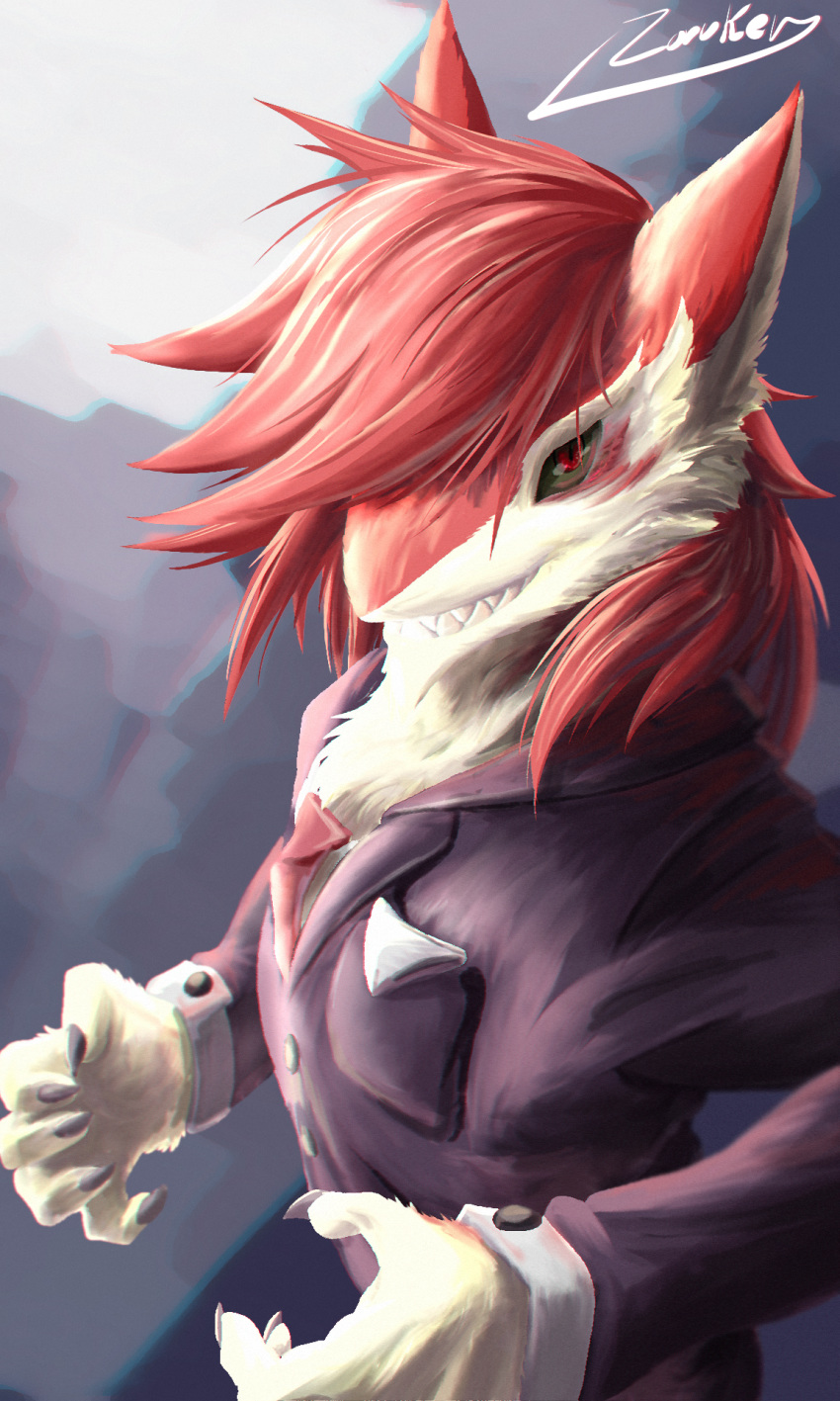 3:5 anaglyph anthro clothing fur hair hi_res male pose red_body red_eyes red_fur red_hair sergal smile solo stereogram suit zoruken