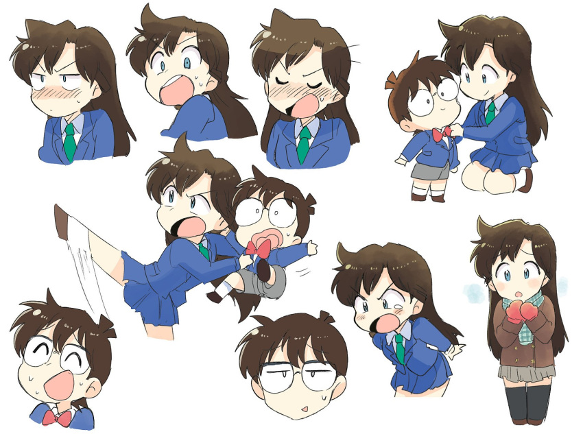 1boy 1girl black-framed_eyewear blue_eyes blue_jacket blue_shirt blue_skirt blue_vest blush bow bowtie brown_footwear brown_hair brown_shorts chibi closed_mouth collared_shirt dress_shirt edogawa_conan glasses green_neckwear highres jacket kicking long_hair long_sleeves meitantei_conan mouri_ran necktie open_mouth red_bow red_neckwear school_uniform shirt shorts skirt teitan_high_school_uniform tsubobot very_long_hair vest white_legwear white_shirt wing_collar