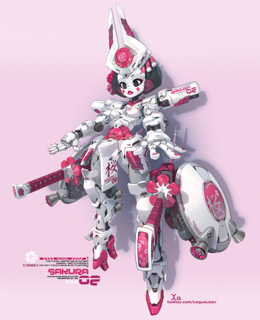 1girl black_hair blush_stickers breasts brown_eyes commentary dual_wielding english_commentary english_text faulds full_body geta gundam headgear highres holding joints katana mecha_musume metal_skin original pink_background pink_lips pink_theme polka_dot polka_dot_background ringed_eyes robot_ears robot_joints scabbard sheath sheathed short_hair small_breasts solo sword tengu-geta weapon xavier_houssin