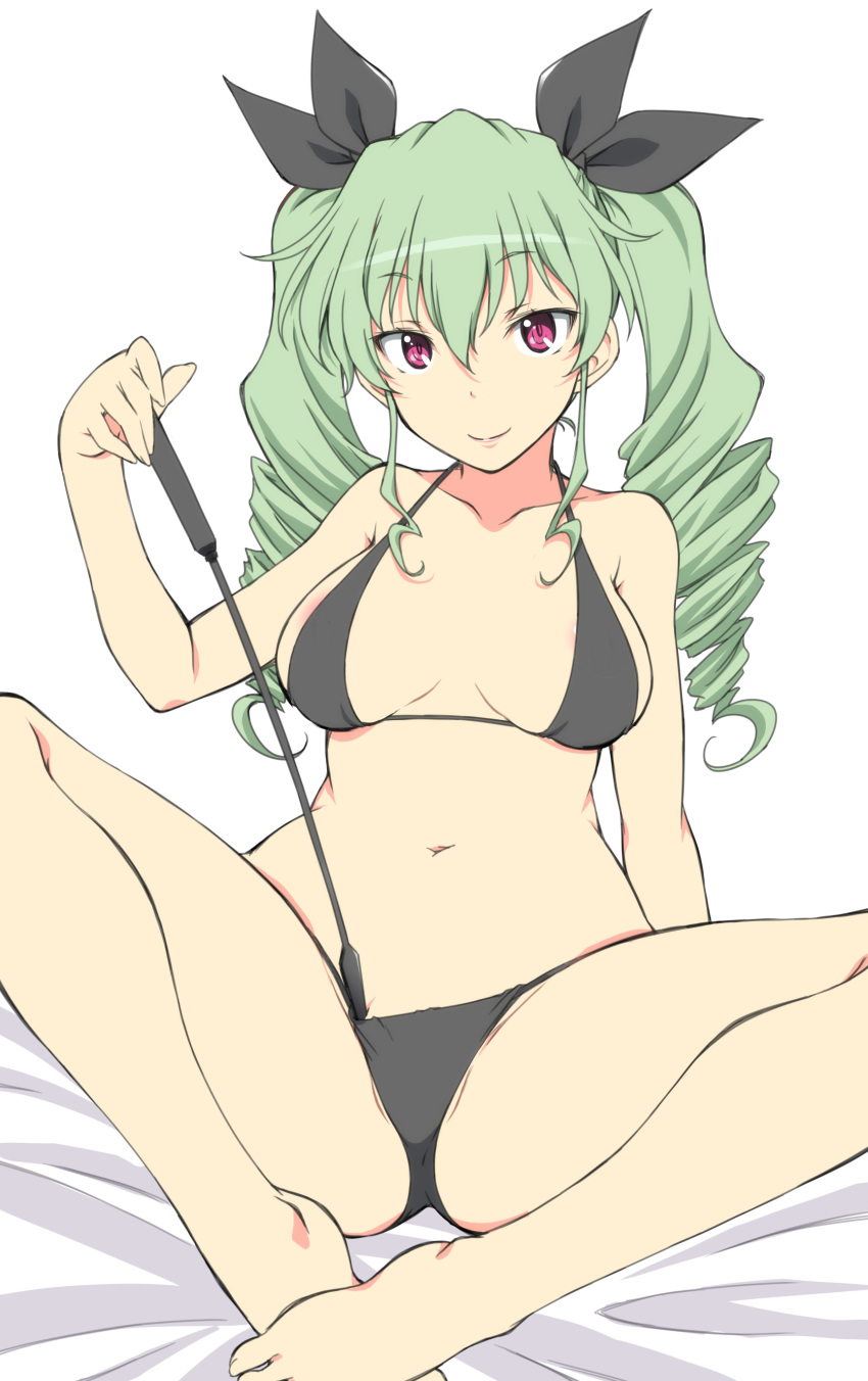 1girl absurdres anchovy_(girls_und_panzer) bad_id bad_twitter_id bangs barefoot bed_sheet bikini black_bikini black_ribbon breasts closed_mouth drill_hair eyebrows_visible_through_hair girls_und_panzer green_hair hair_ribbon highres holding iwami_kyuuto leaning_back long_hair looking_at_viewer medium_breasts navel on_bed red_eyes ribbon riding_crop sexually_suggestive sitting skindentation smile solo spread_legs string_bikini swimsuit twin_drills twintails white_background