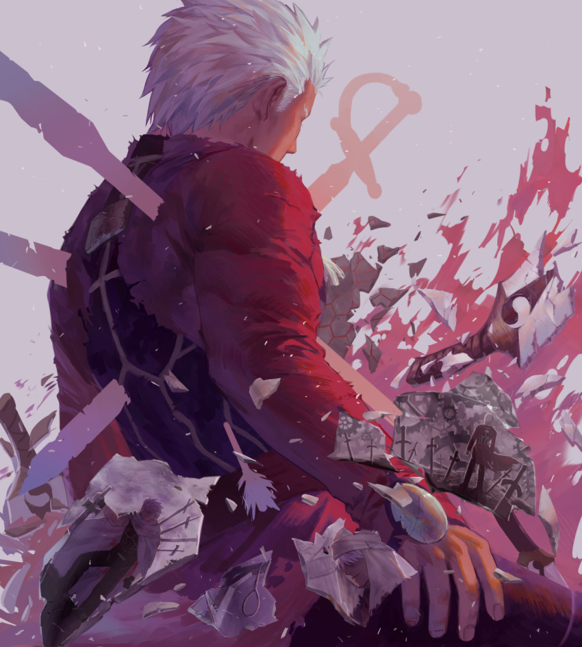 1boy archer broken broken_weapon chomuun cloak commentary dark_skin dark_skinned_male facing_away fate/stay_night fate_(series) grey_background highres kanshou_&amp;_bakuya keffiyeh noose planted_sword planted_weapon simple_background stab sword torn_clothes unlimited_blade_works upper_body weapon white_hair