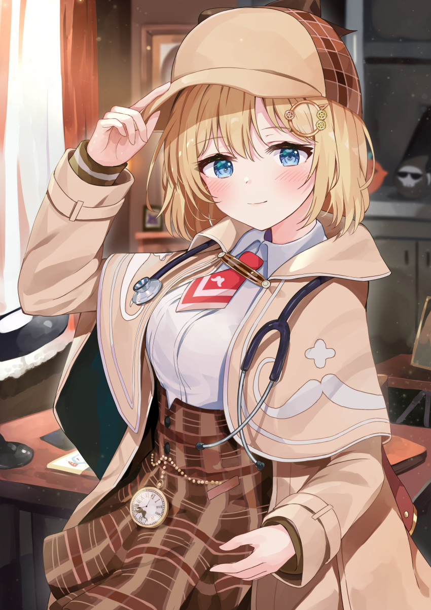 1girl absurdres arm_up bangs blonde_hair blue_eyes blurry blurry_background blush breasts brown_capelet brown_headwear brown_jacket brown_skirt bubba_(watson_amelia) closed_mouth collared_shirt death-sensei_(mori_calliope) deerstalker depth_of_field desk eyebrows_visible_through_hair hair_between_eyes hair_ornament hand_on_headwear hat highres hololive hololive_english indoors jacket light_particles long_sleeves looking_at_viewer medium_breasts monocle_hair_ornament necktie open_clothes open_jacket plaid plaid_headwear plaid_skirt pleated_skirt pocket_watch racchi. red_neckwear roman_numerals shirt short_necktie skirt smile solo tako_(ninomae_ina'nis) virtual_youtuber watch watson_amelia white_shirt