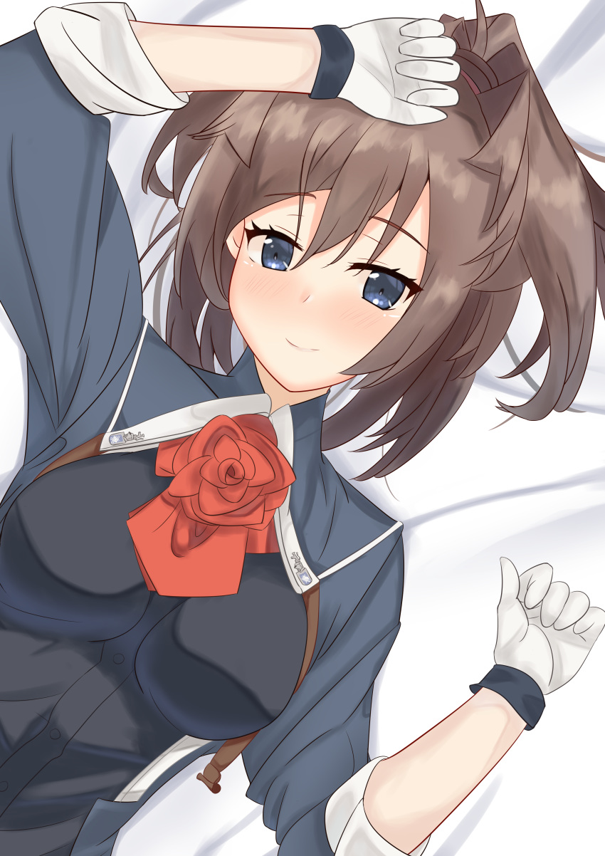 1girl absurdres bed blue_eyes brown_hair flower gloves hair_between_eyes highres kantai_collection long_hair looking_at_viewer lying military military_uniform missan_114514 red_flower red_neckwear red_rose rose sheffield_(kantai_collection) smile solo uniform upper_body white_gloves
