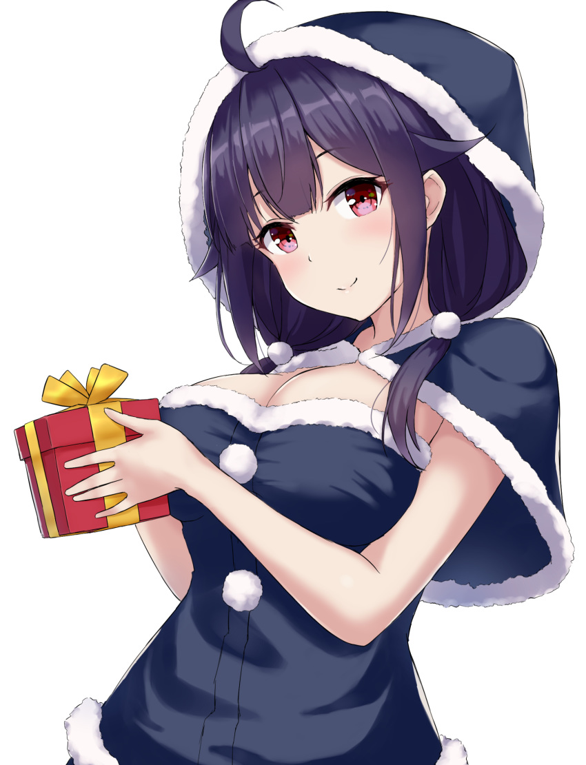 1girl ahoge blush box breasts capelet christmas cleavage eyebrows_visible_through_hair fur_trim gift gift_box hat highres holding holding_gift kantai_collection large_breasts long_hair looking_at_viewer low_twintails monoku purple_hair red_eyes santa_costume santa_hat smile solo taigei_(kantai_collection) twintails upper_body