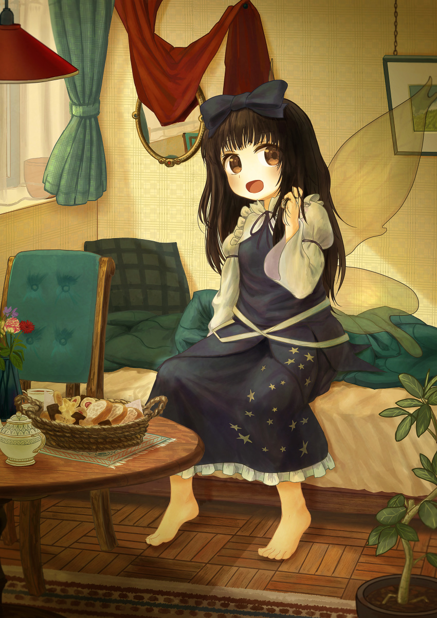 1girl absurdres bangs barefoot basket bed black_hair black_neckwear black_ribbon blanket blue_bow blue_dress blush bow brown_eyes brown_hair carpet chair chandelier collar collared_dress commentary_request cookie cup cushion dress ekaapetto fairy fairy_wings flower flower_pot food frilled_collar frilled_dress frills hair_bow hair_tousle hand_in_hair hand_up highres indoors juliet_sleeves lamp long_hair long_sleeves looking_at_viewer macaron mirror neck_ribbon on_bed open_mouth pastry picture_(object) plant potted_plant puffy_sleeves purple_flower red_flower reflection ribbon shirt sidelocks sitting sitting_on_bed smile solo star_(symbol) star_print star_sapphire table tea teapot touhou transparent_wings wallpaper_(object) white_ribbon white_shirt wide_sleeves window wings wooden_floor